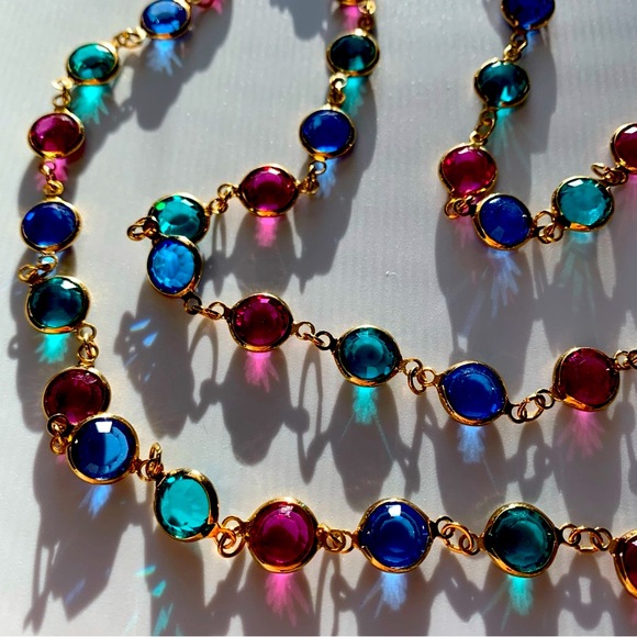 SWAROVSKI NECKLACE BRACELET GOLD PLATE AUSTRIAN CRYSTAL BLUE PINK GREEN 36" VTG - Picture 1 of 10